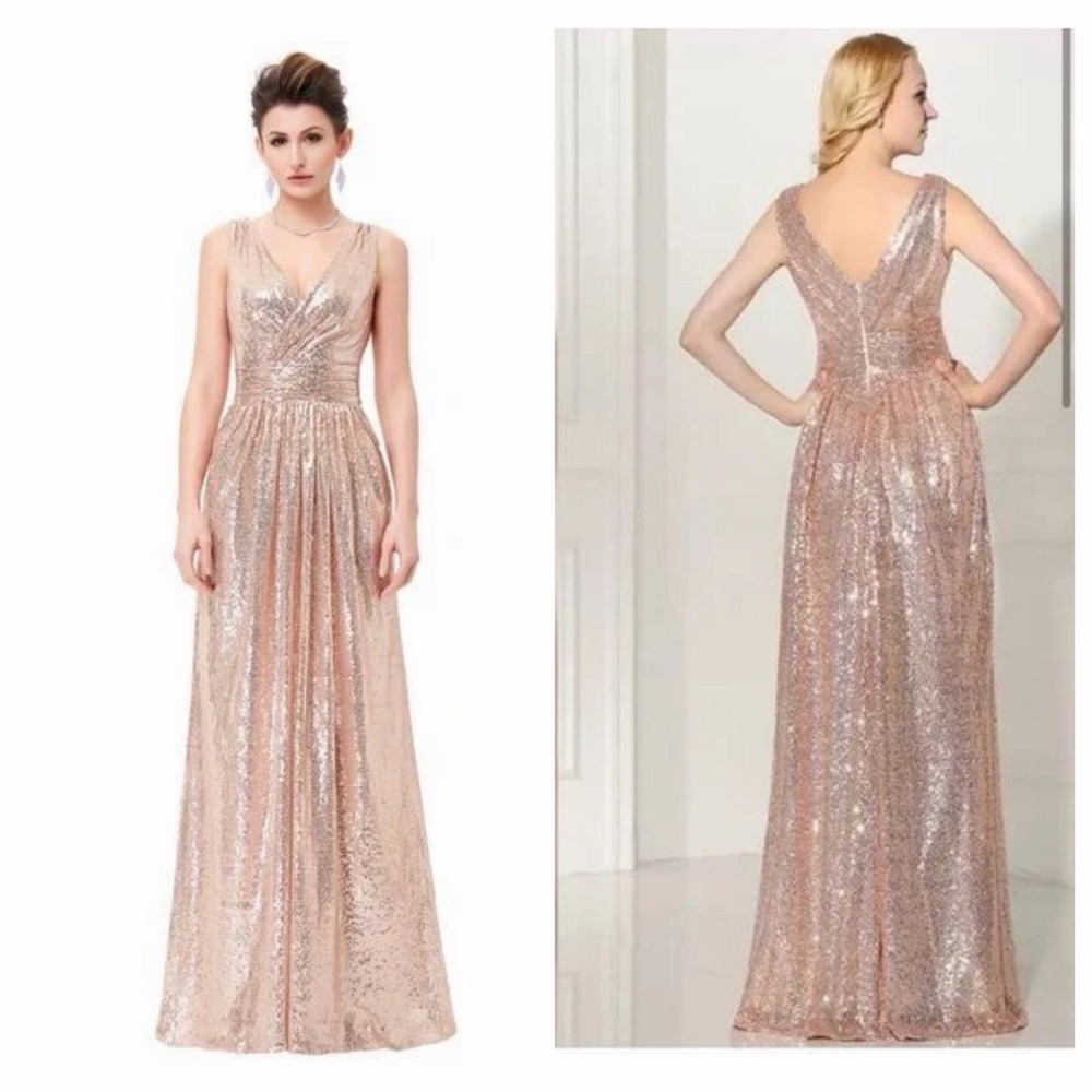 Kate Kasin Rose Gold Sequin V Neck Bridesmaid Dress Evening Prom Party 10 Maxi